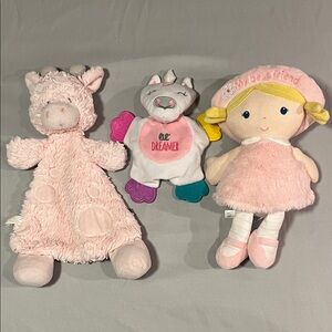 Plush Doll with Crinkle Hat, Cow Animal, Lil Dreamer, Pink Baby Girl Set Lovey